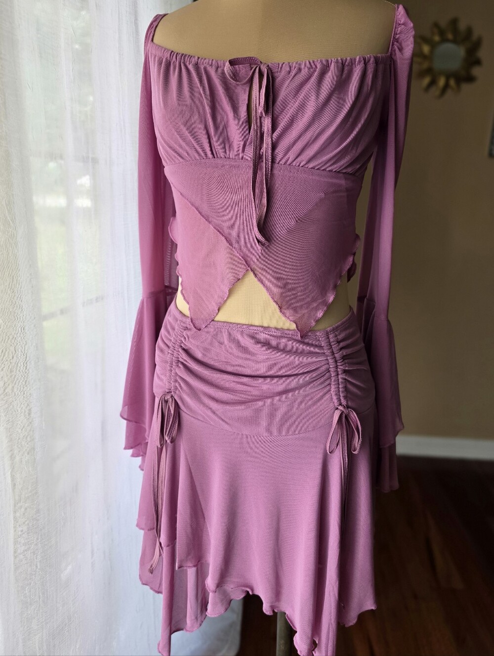 Current Mood NWT Pink Mesh 2 Piece Skirt Set Y2K Fairycore Bell Sleeve Small